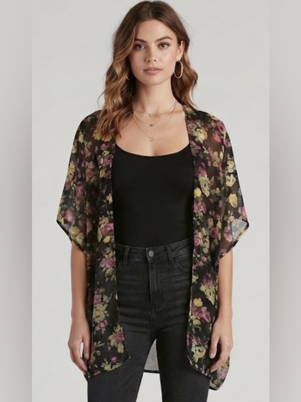 Charlotte Russe Black Sheer Floral Kimono